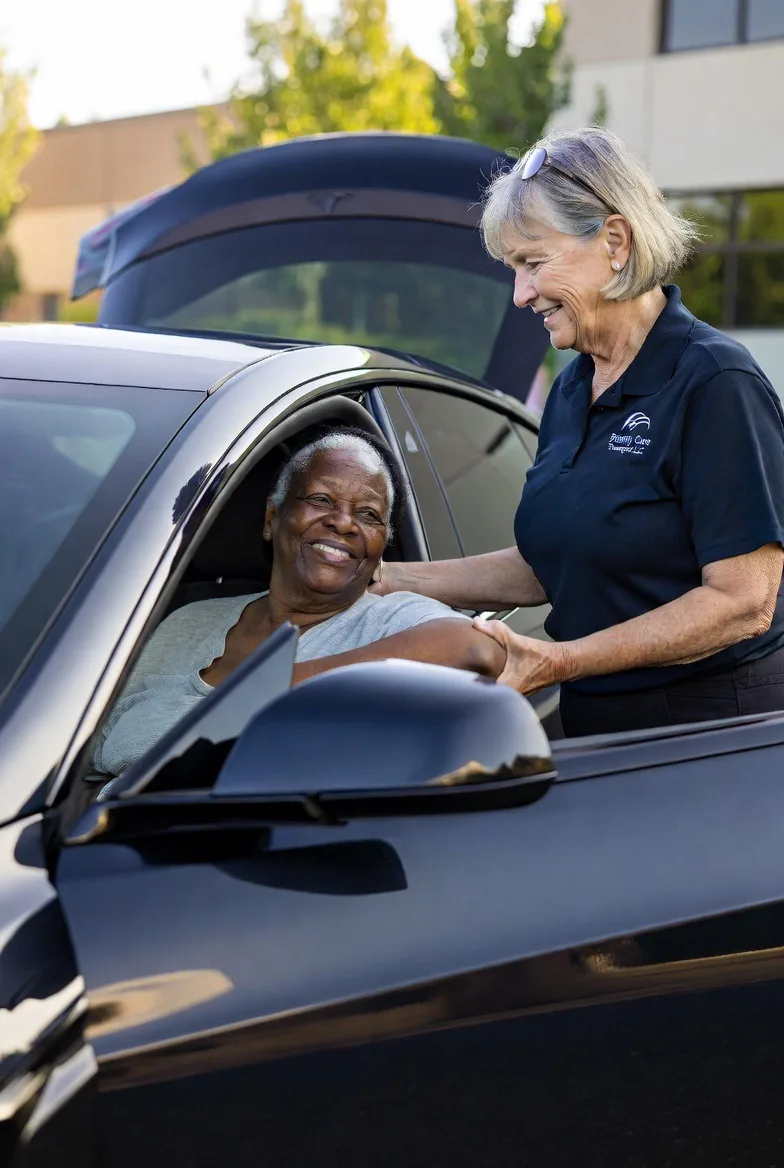 Female companion checking on an elderly Black woman sitting comfortably in the vehicle