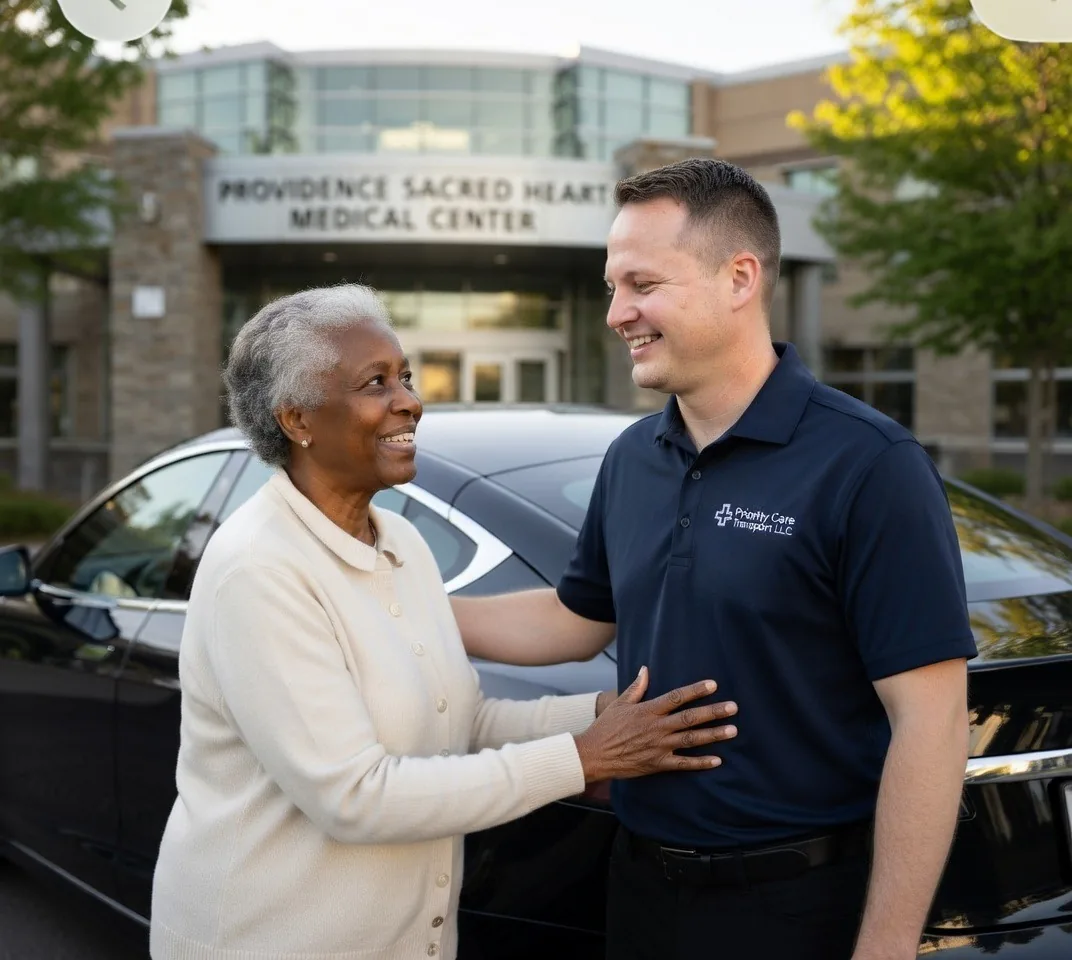 Dylan warmly greeting a patient outside Providence Sacred Heart Medical Center in Spokane