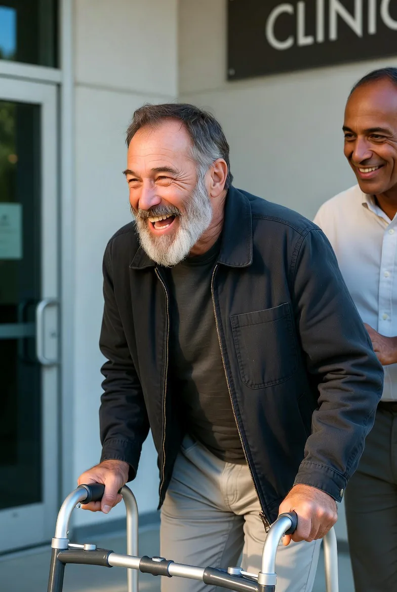 Happy bearded white man using a walker laughing joyfully outside a clinic, companion supporting him