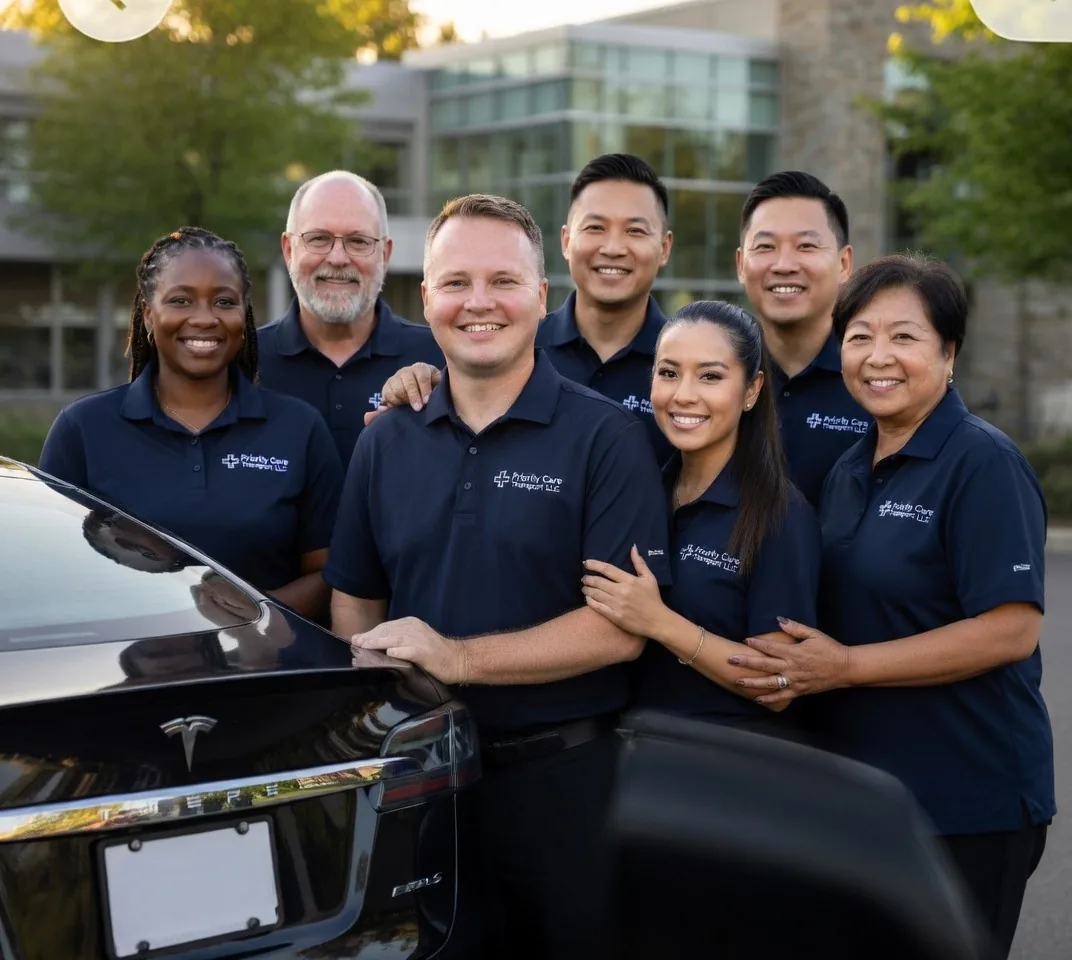 Priority Care Transport team gathered around the Tesla Model S, all smiling in their navy uniforms