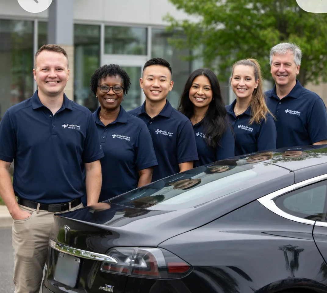 Diverse Priority Care Transport team standing beside the black Tesla Model S
